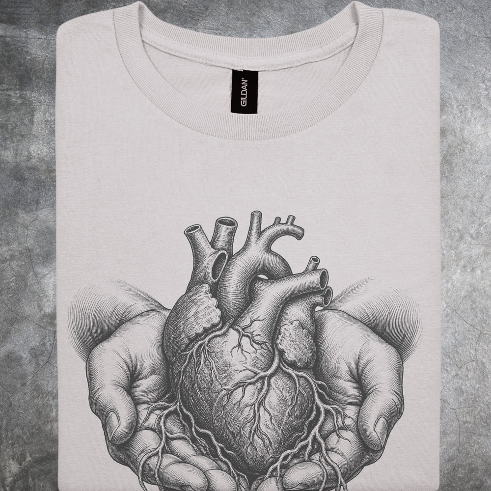 For You Entirely Hands Cradling an Anatomical Heart Tee